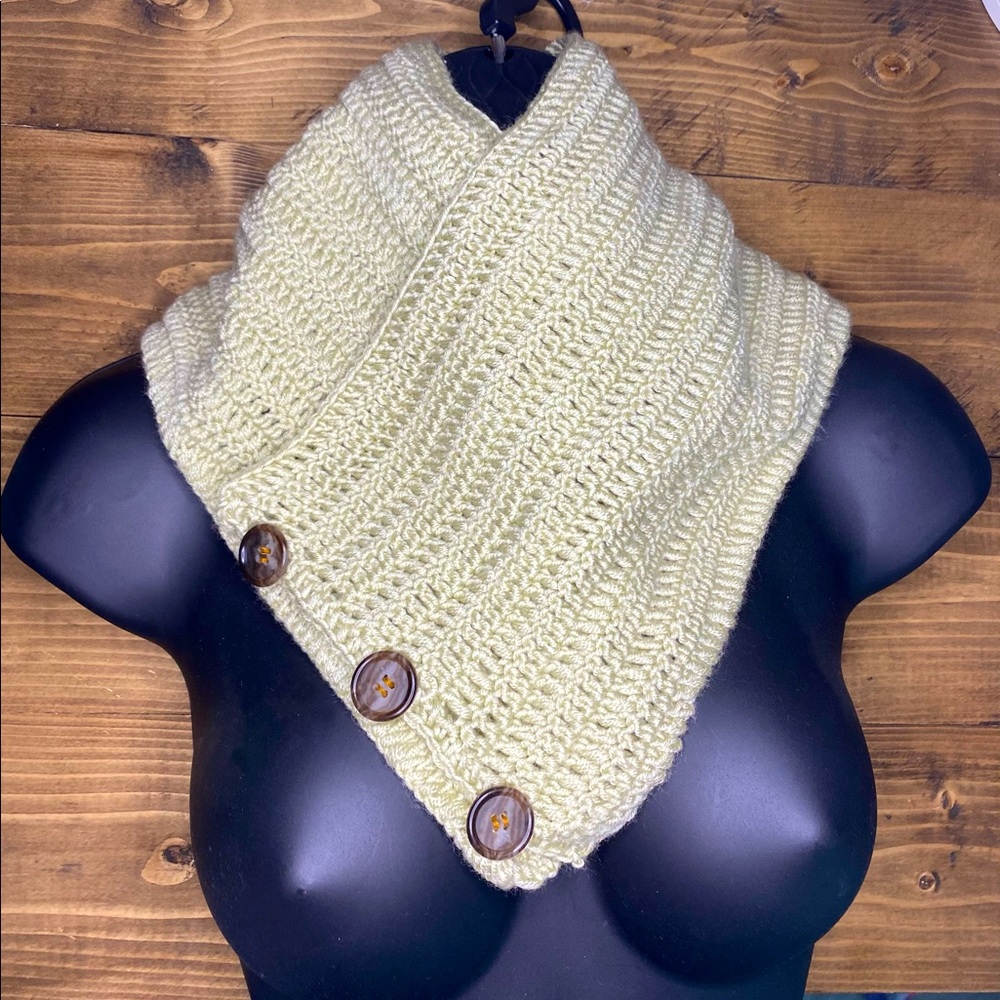 Bottom up handmade crochet scarf light dirt green with 3 bottom on front